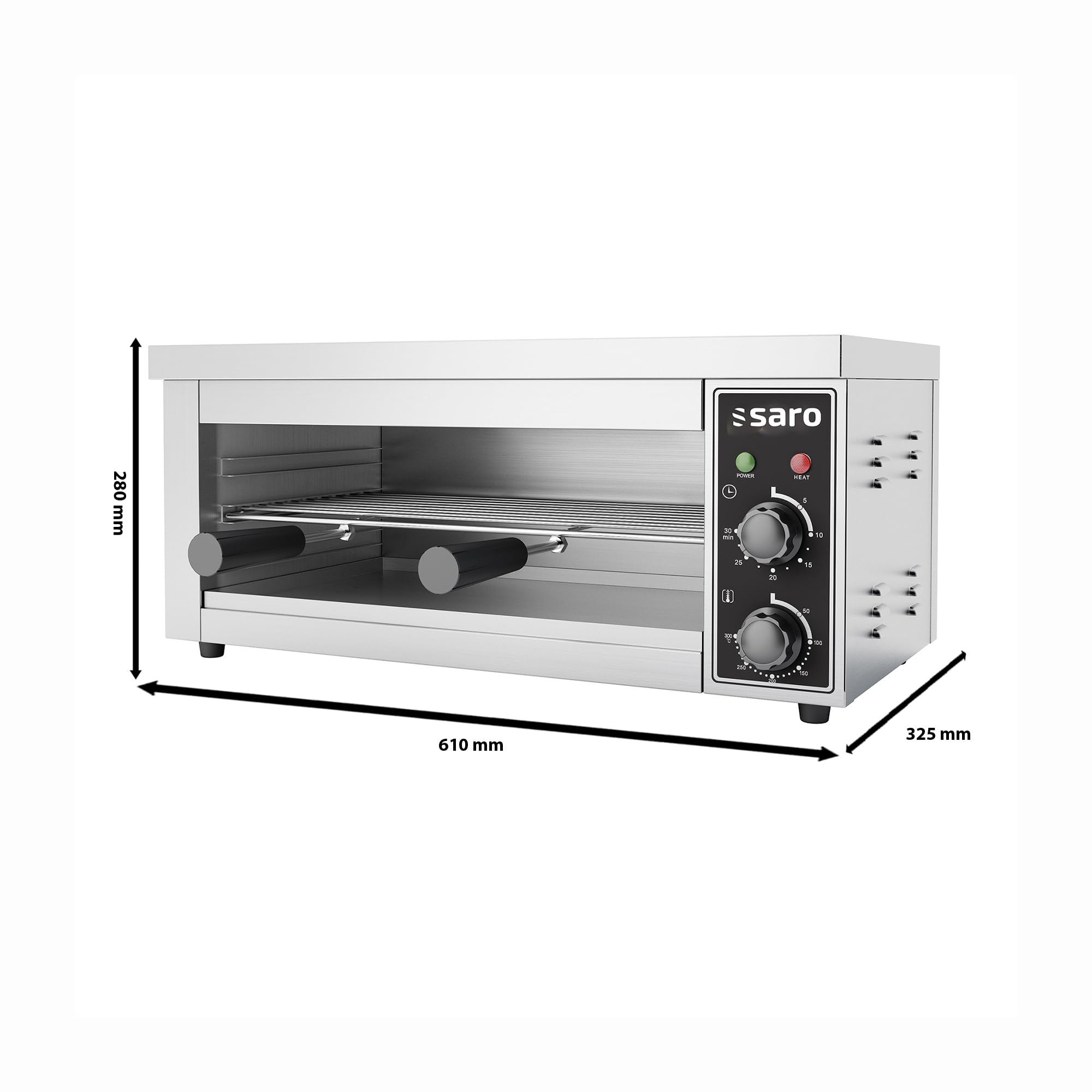 SARO LYNN Salamandra, carcasa de acero inoxidable, incluye rejilla, 3 estantes, temporizador, bandeja recogemigas, temperatura 50-300 °C, 2,5 kW