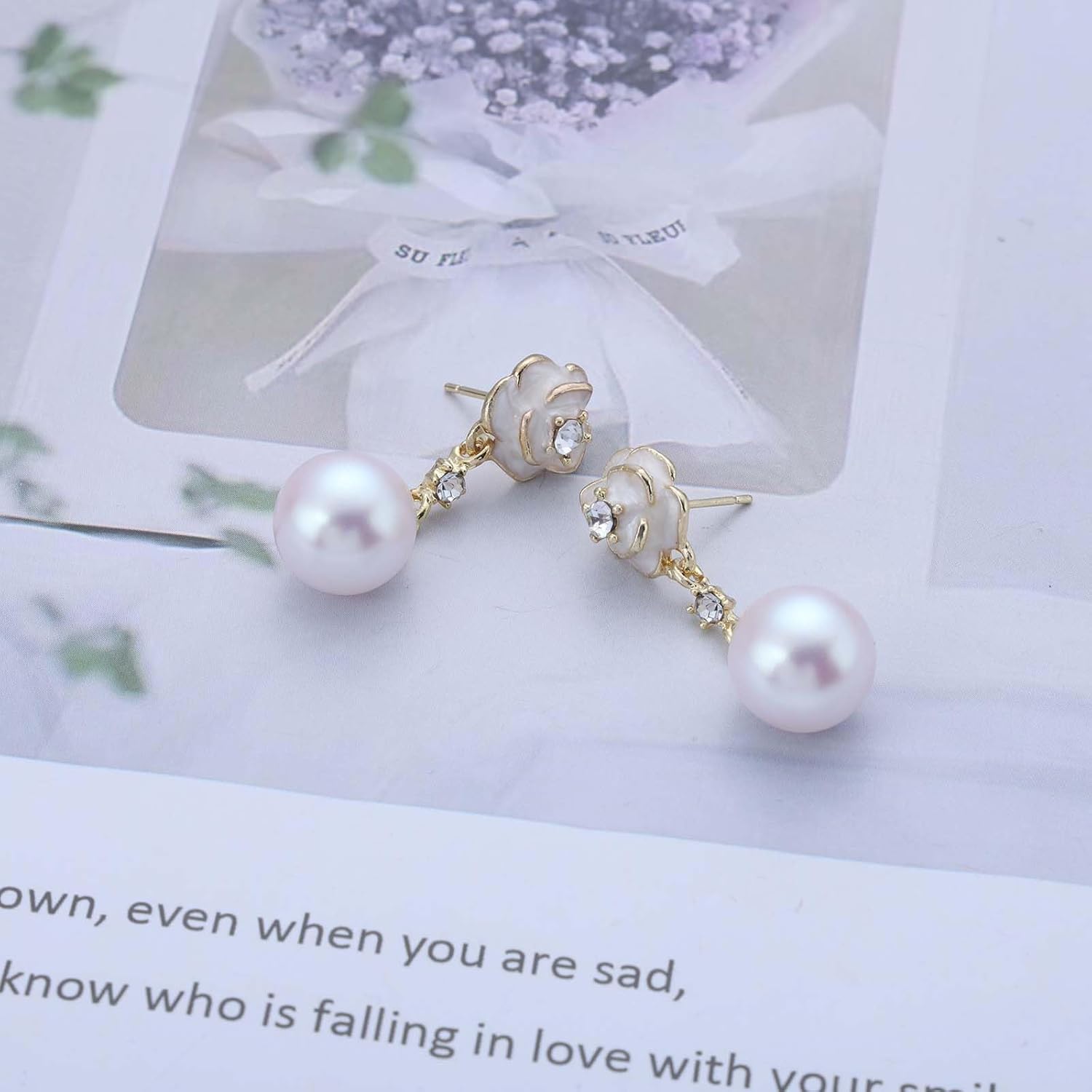 Bohemian Camellia Pearl Dangle Earrings White Enamel Rose Flower Earrings Small Crystal Camellia Stud Earrings Round Cz Pearl Drop Earrings Jewelry for Women - Image 7