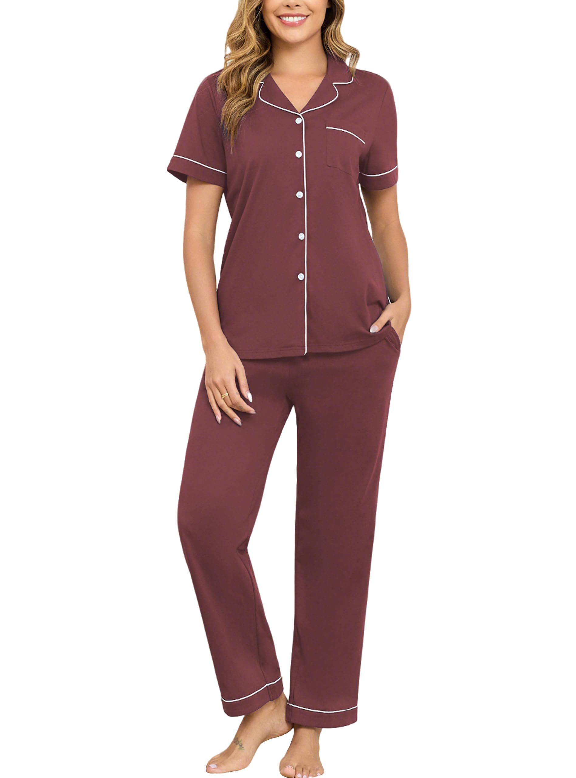 Veseacky 100% Cotton Pajamas for Women Set Short Sleeve Button Down Sleepwear Soft 2 Piece Summer Pjs Lounge Sets S-XXL