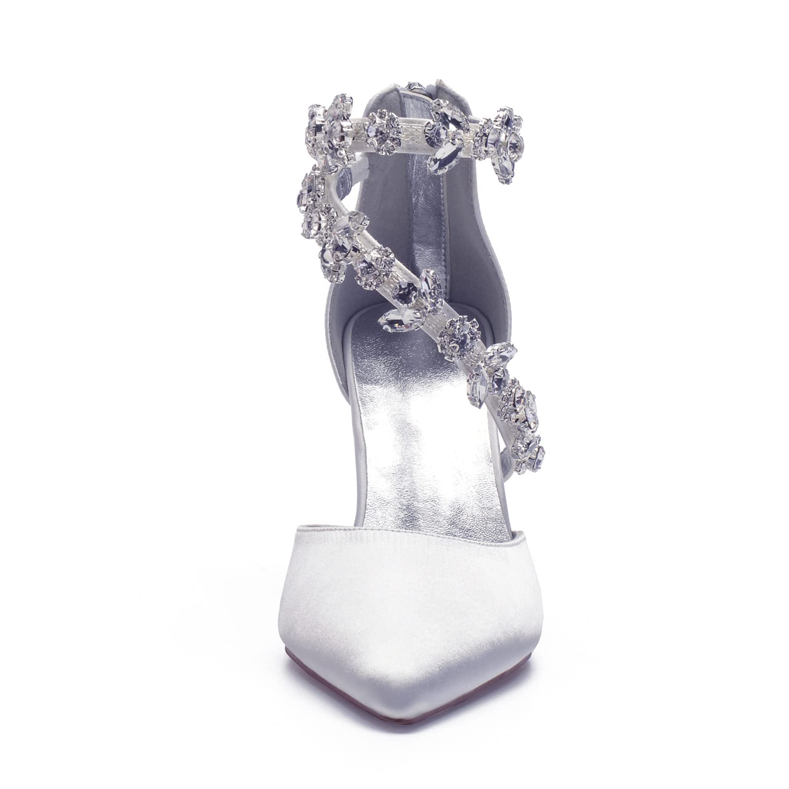 Scarpe da Sposa da Donna, Punta Chiusa Tacco Alto 8 Cm Bianco Scarpe da Sposa Scarpe da Sera in Raso A Punta con Strass