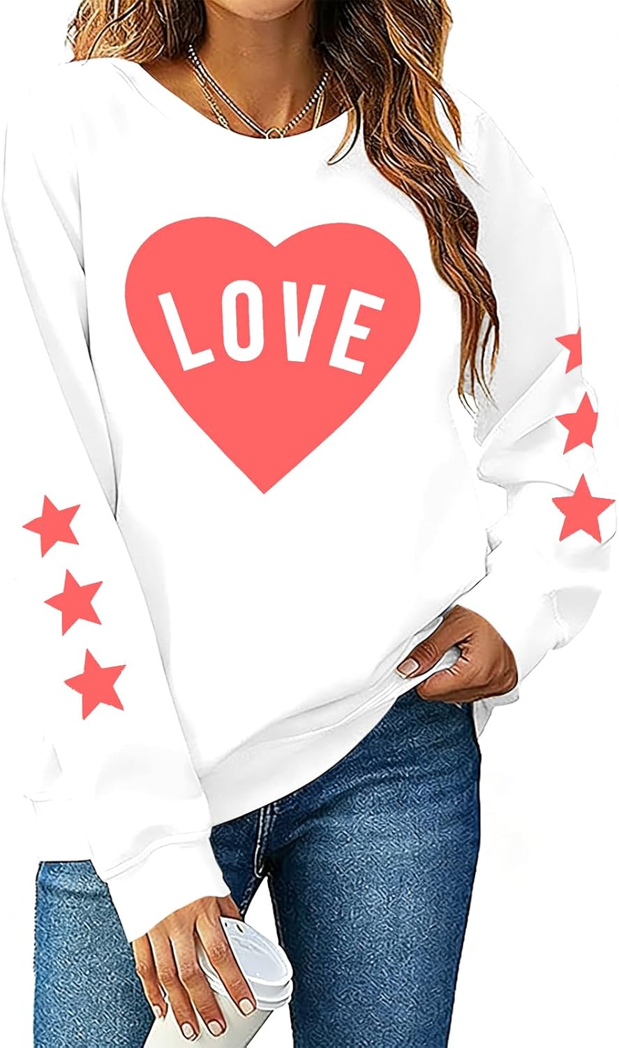 FRYAID Valentine's Day Sweatshirt Women Love Heart Stars Cute Grahic Shirts Casual Long Sleeve Holiday Pullover Tops