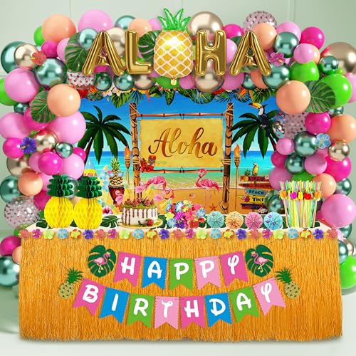 Luau Birthday Party Decorations Hawaiian Party Decorations 169 Pcs Tropical Aloha Party Supplies for Summer Beach Holiday Including Balloon Arch Kit Backdrop Table Skirt Banner Cake Toppers Straws