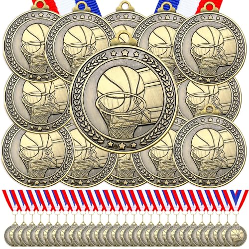 Image of Remuuly 60 Pcs Gold Award Medals 2 Inch Soccer Baseball Volleyball Football Cheer Trophy Medals Metal Awards Bulk with Neck Ribbons Trophy Prize Gifts for Sports Competitions