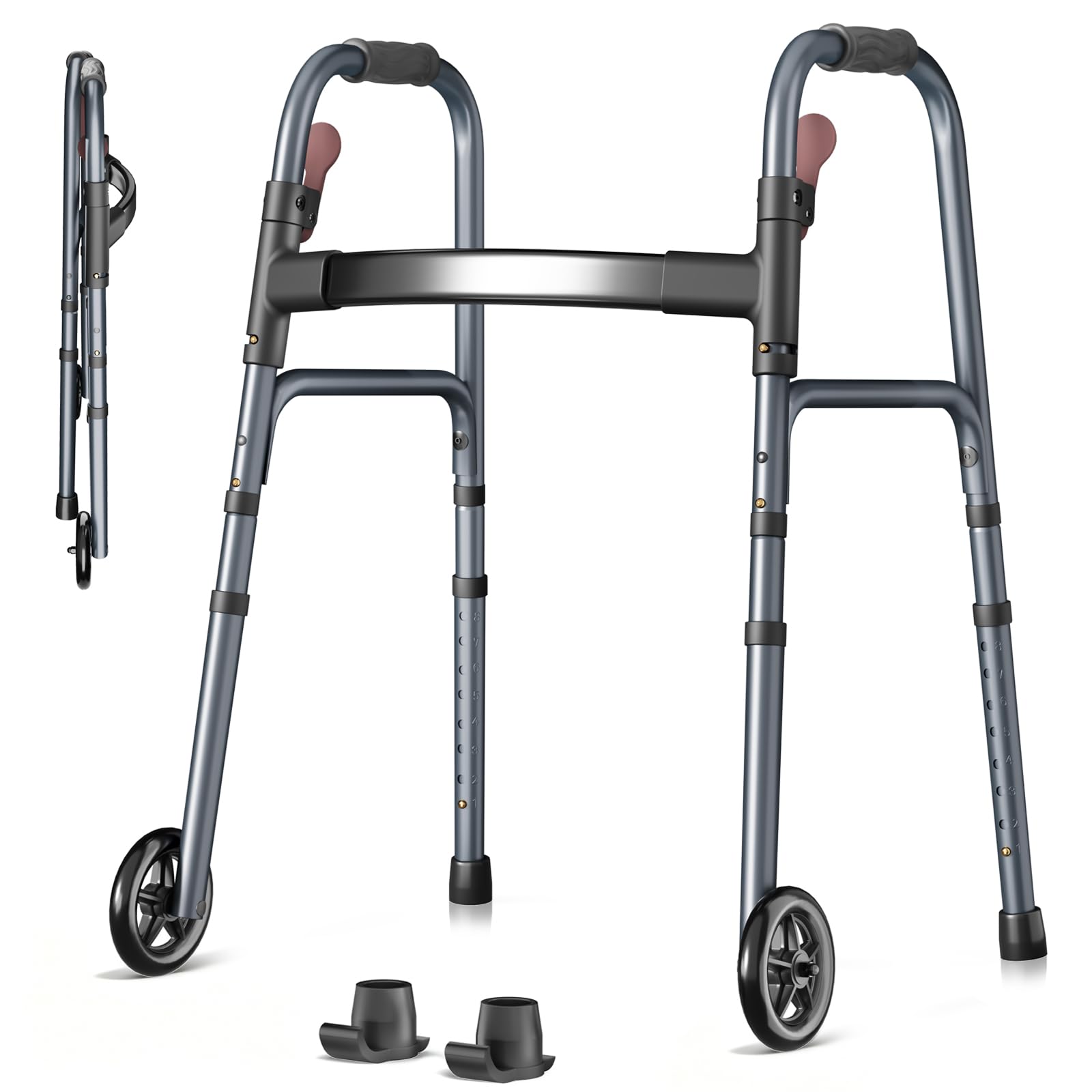 Photo 1 of Folding Walker for Seniors, Rolling Walker with 8 Height Adjustments, One-Hand Folding, 300lbs Capacity, Lightweight Aluminum Front Wheel Walker for Elderly Adults and Handicap