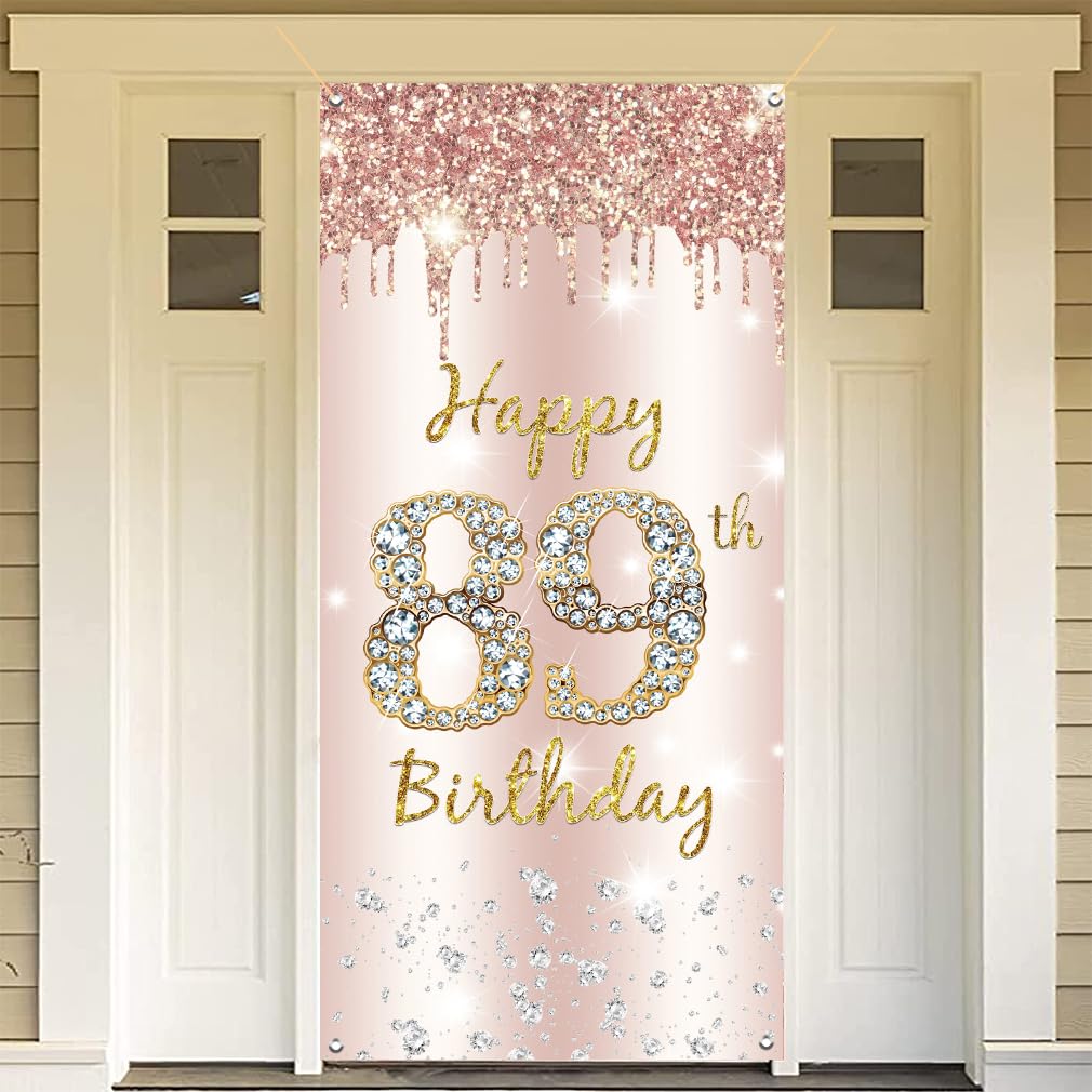 89. urodziny dekoracja damska, Happy 89th Birthday Door Banner różowe złoto, 89. urodziny tkanina tabliczka plakat dekoracja drzwi, 89. urodziny tło baner damski, przyjęcie urodzinowe tabliczka