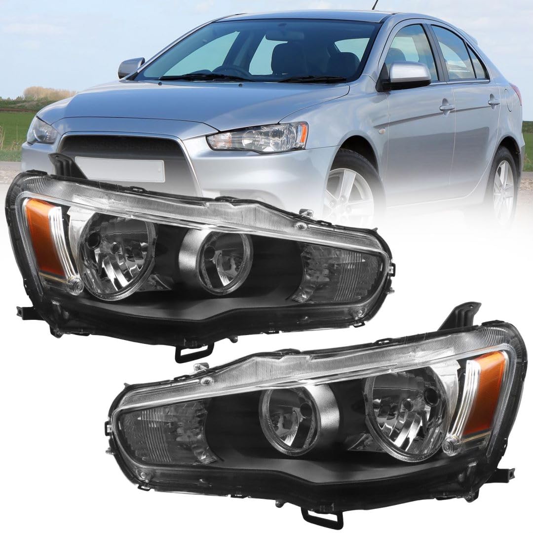Headlight Assembly Compatible with 2008-2017 Mitsubishi Lancer EVO X, Front Head Lights Headlamp Assembly Clear Lens & Black Housing Left & Right, Bulbs Not Included