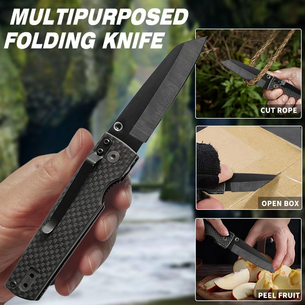 Cool Hand 3.87’’ Folding Pocket Knife - 2.75’’ Black Ceramic Sheep Foot Blade, Carbon Fiber Handle & Secure Liner Lock