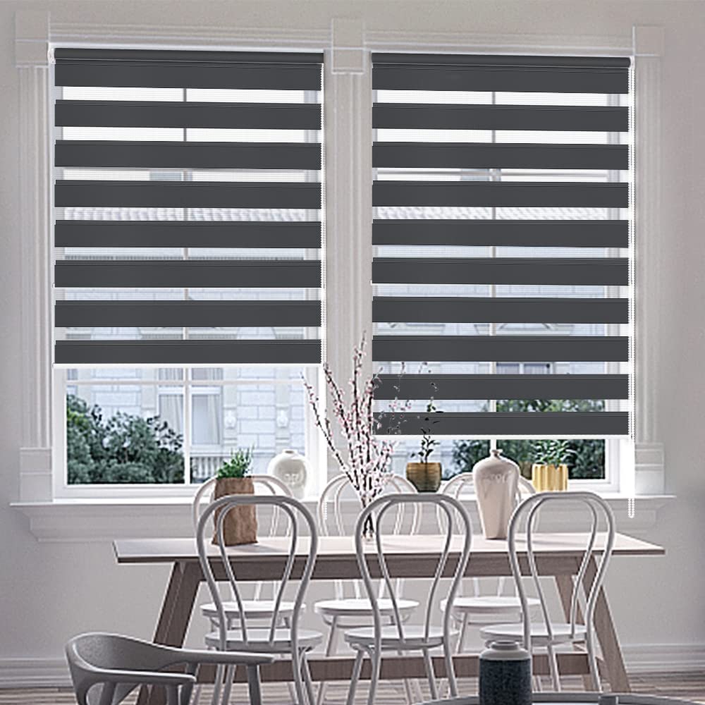 Kokorona Persianas enrollables de cebra día y noche, de tela de doble capa, con diseño de cebra, para dormitorio, filtrado de luz, día y noche, 110 cm de ancho x 150 cm de largo, gris oscuro