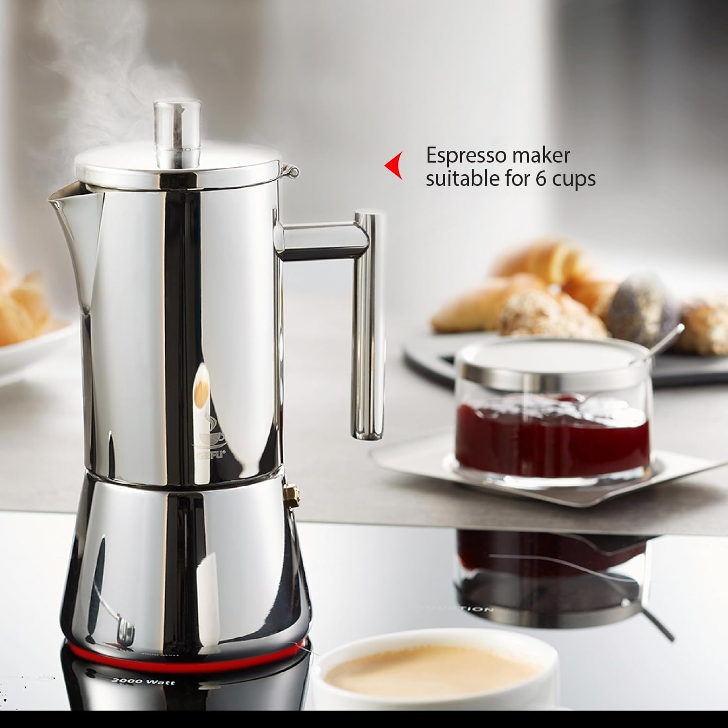 Gefu ge16390 cafetera Italiana de 6 Tazas, Acero Inoxidable, Inoxidable, 14,5 x 10,5 x 22 cm | Jarra moka con colador reductor para 3 tazas, nariz antigoteo, apta para lavavajillas, apta para todo tipo de fuegos