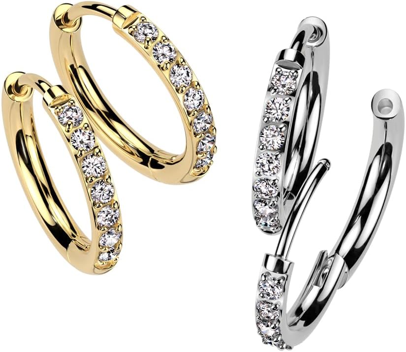18GA F-136 Implant Grade Titanium CZ Crystal Lined 2mm Thick Hinged Round Hoop Earrings, Sold as a Pair