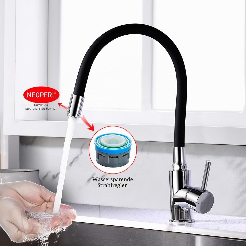 Wasserhahn Küche, Flexible Küchenarmatur, GRIFEMA Soft-Touch Silikonschlauch, 360° Drehbar Spültischarmatur Hochdruck Mischbatterie, Wasserspar- & Energiesparfunktion, Edelstahl, Schwarz-G4002-2