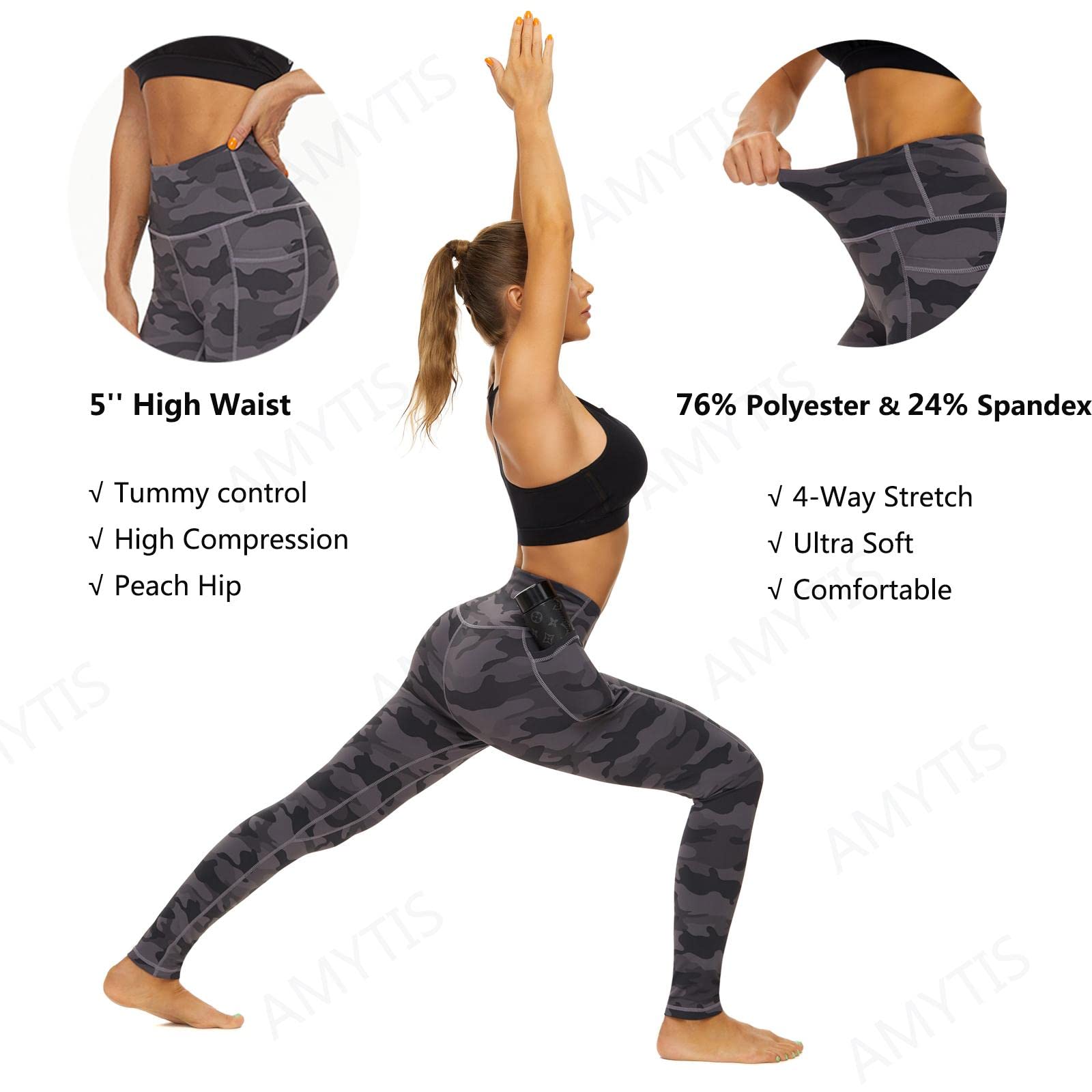 AMYTIS Sportowe legginsy damskie z wysokim stanem, spodnie do jogi z kieszeniami, długie spodnie sportowe, nieprzezroczyste, legginsy sportowe