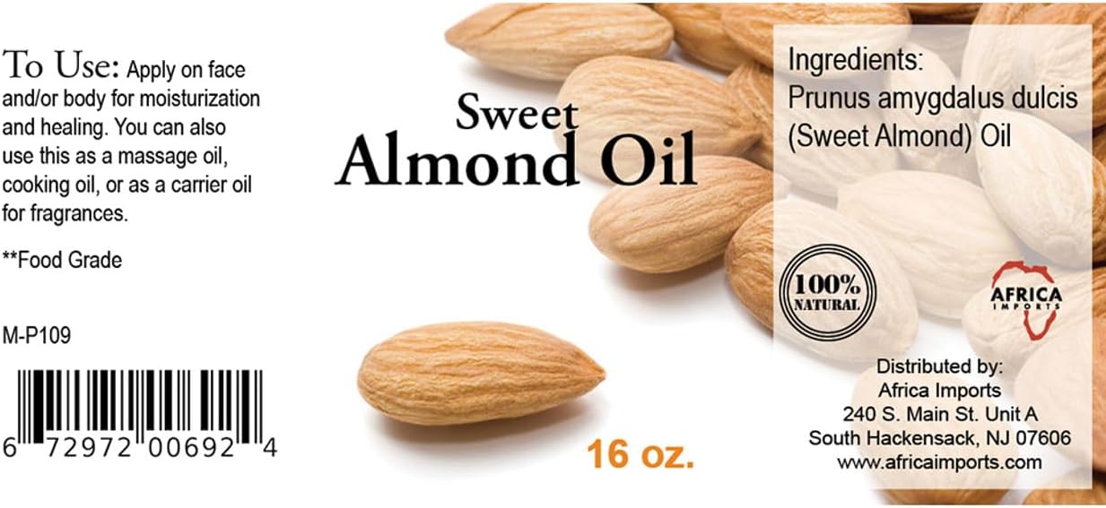 Pure Sweet Almond Oil, Skin Softening and Hydrating, Cold-Pressed Massage Oil, 1 Lb, for All Skin Types, Pure Prunus Amygdalus Dulcis