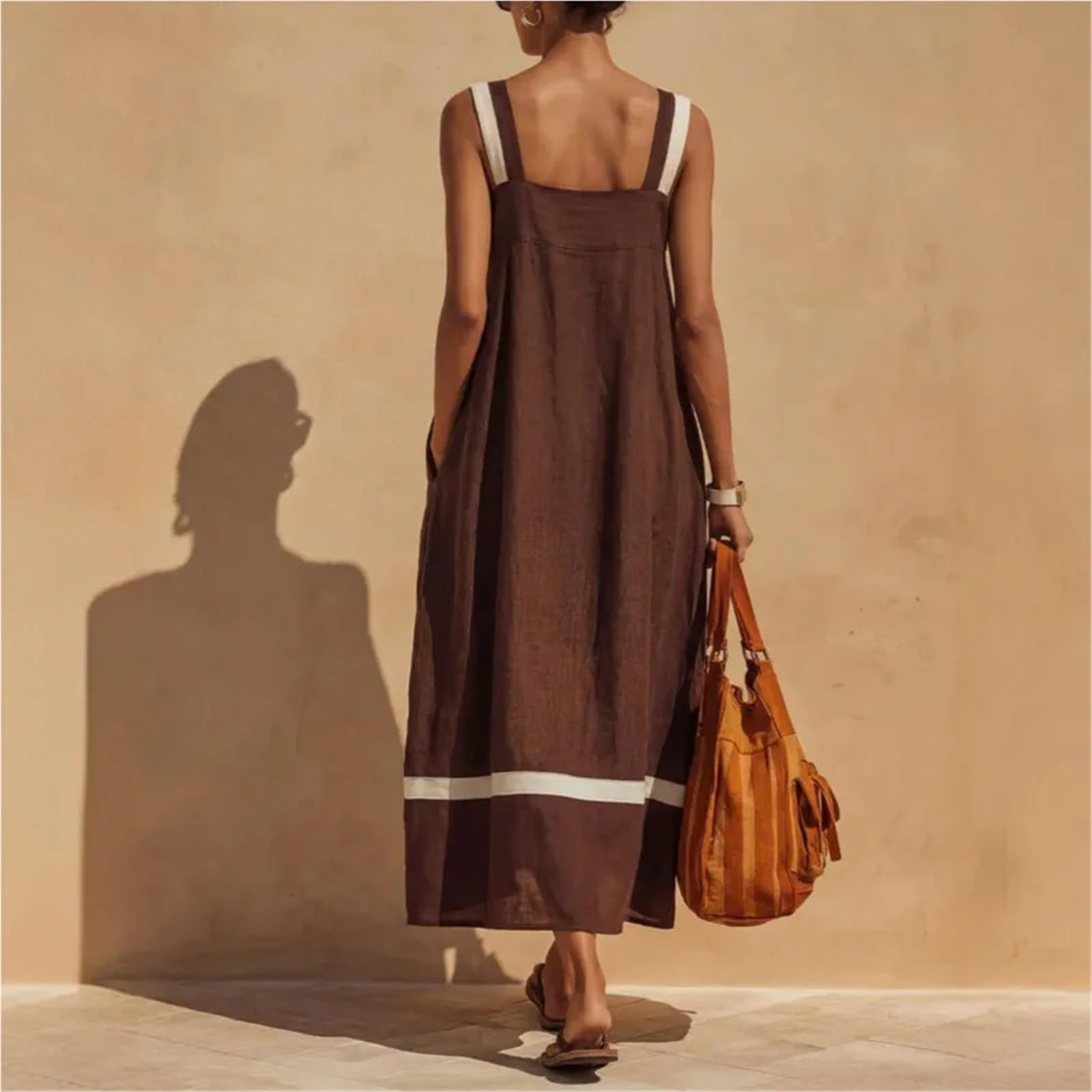 Vestido de Playa Verano con Tirantes Sueltos for Mujer, Falda Larga Lino Liso, Vestidos Simples Informales Moda