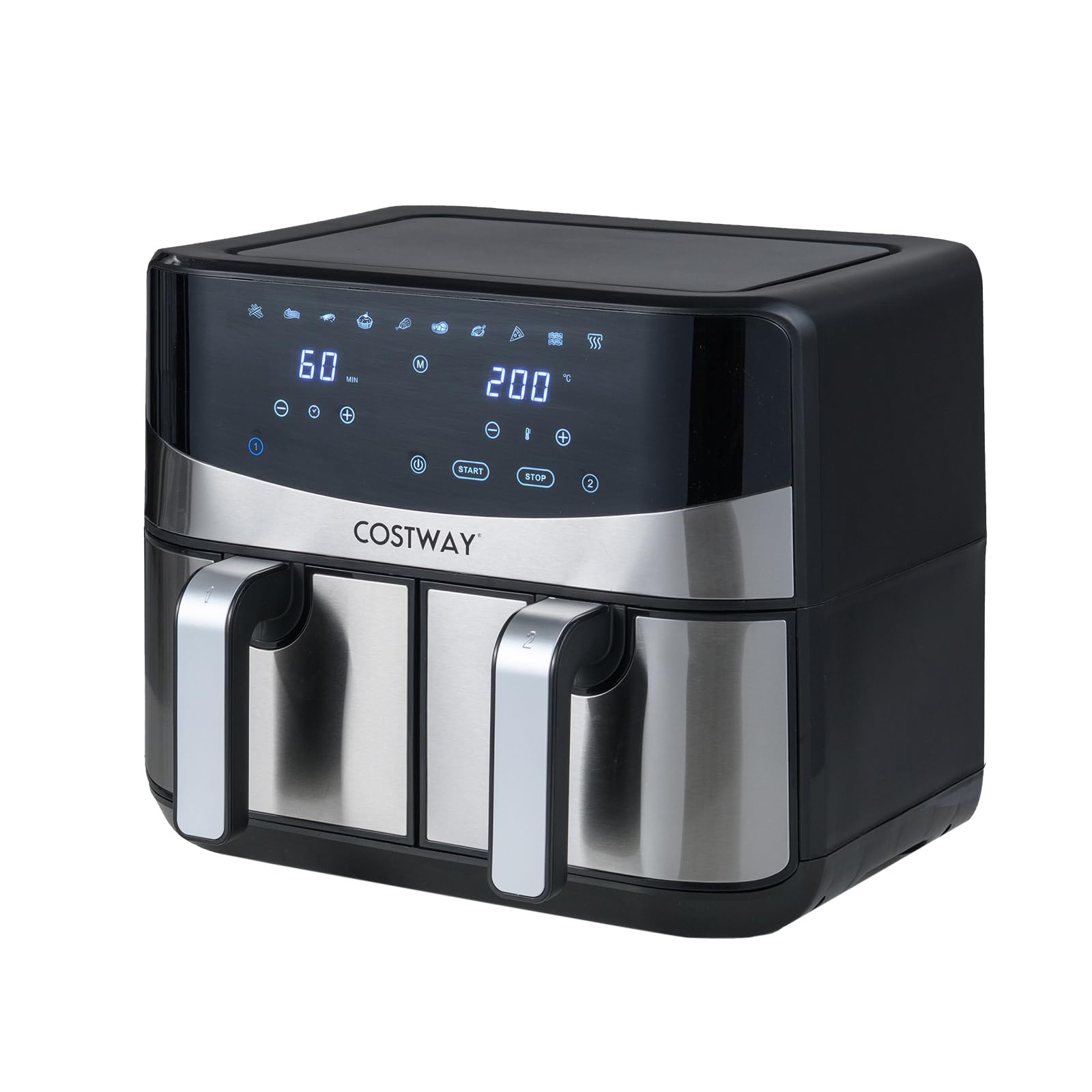 COSTWAY Freidora Aire 8L, XXL, 10 en 1 Air Fryer con Doble Cesta, Pantalla Táctil Digital y Aire Caliente de 360°, 2100W, 6-9 Personas, Apto para Lavavajillas