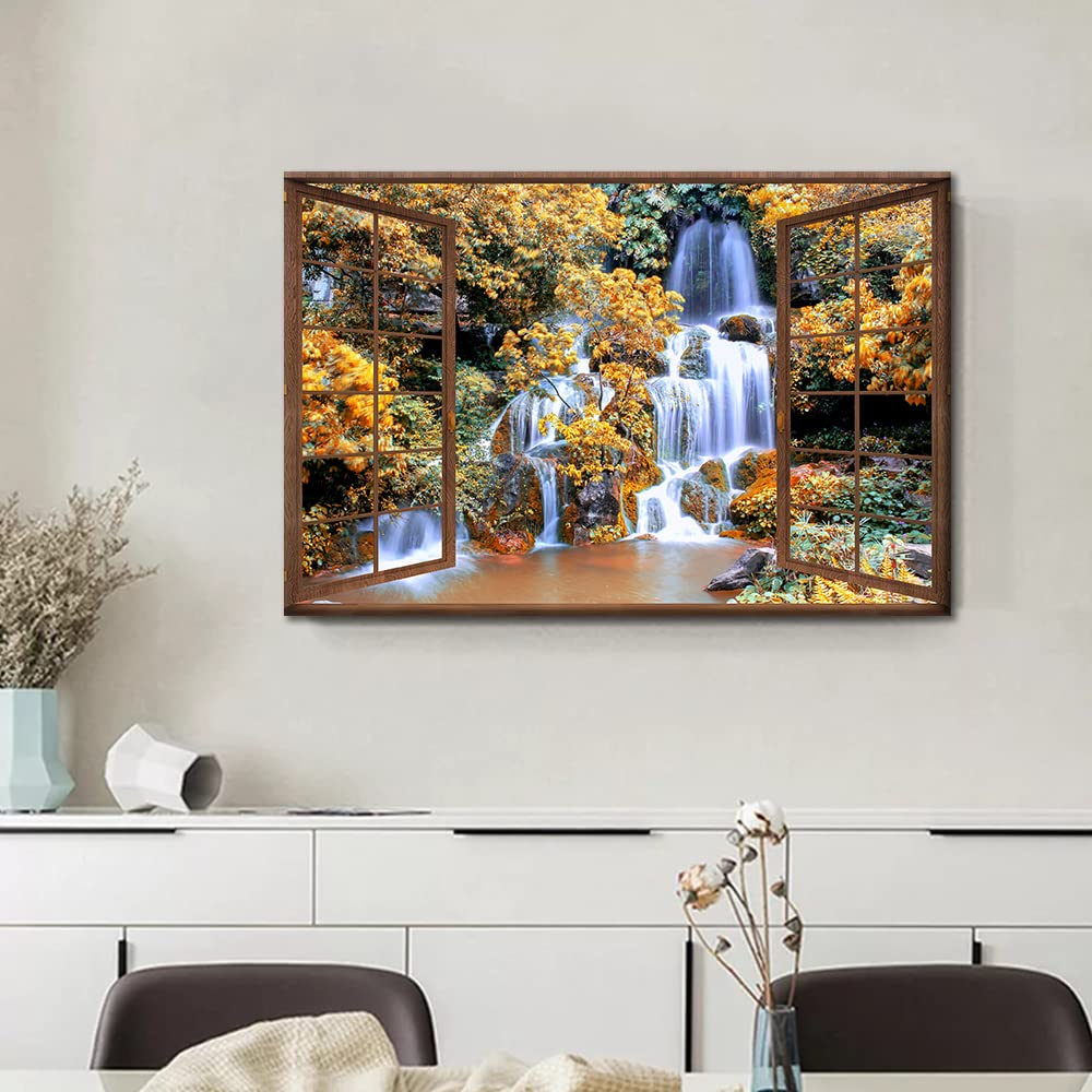3D Open Wooden Window Wall Art Canvas Waterfall View Print Paintings Framed Home Decor Paintings to Hang on Walls for Living Room Bathroom Ready to Hang 16x24inch - Image 4