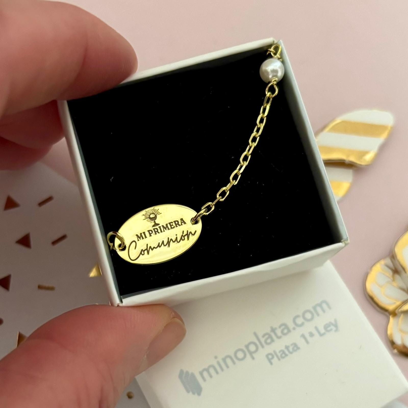 Bracciale Mi Prima Comunione in Argento Placcato Oro con Perle, Mediano, Argento sterling, Nessuna pietra preziosa