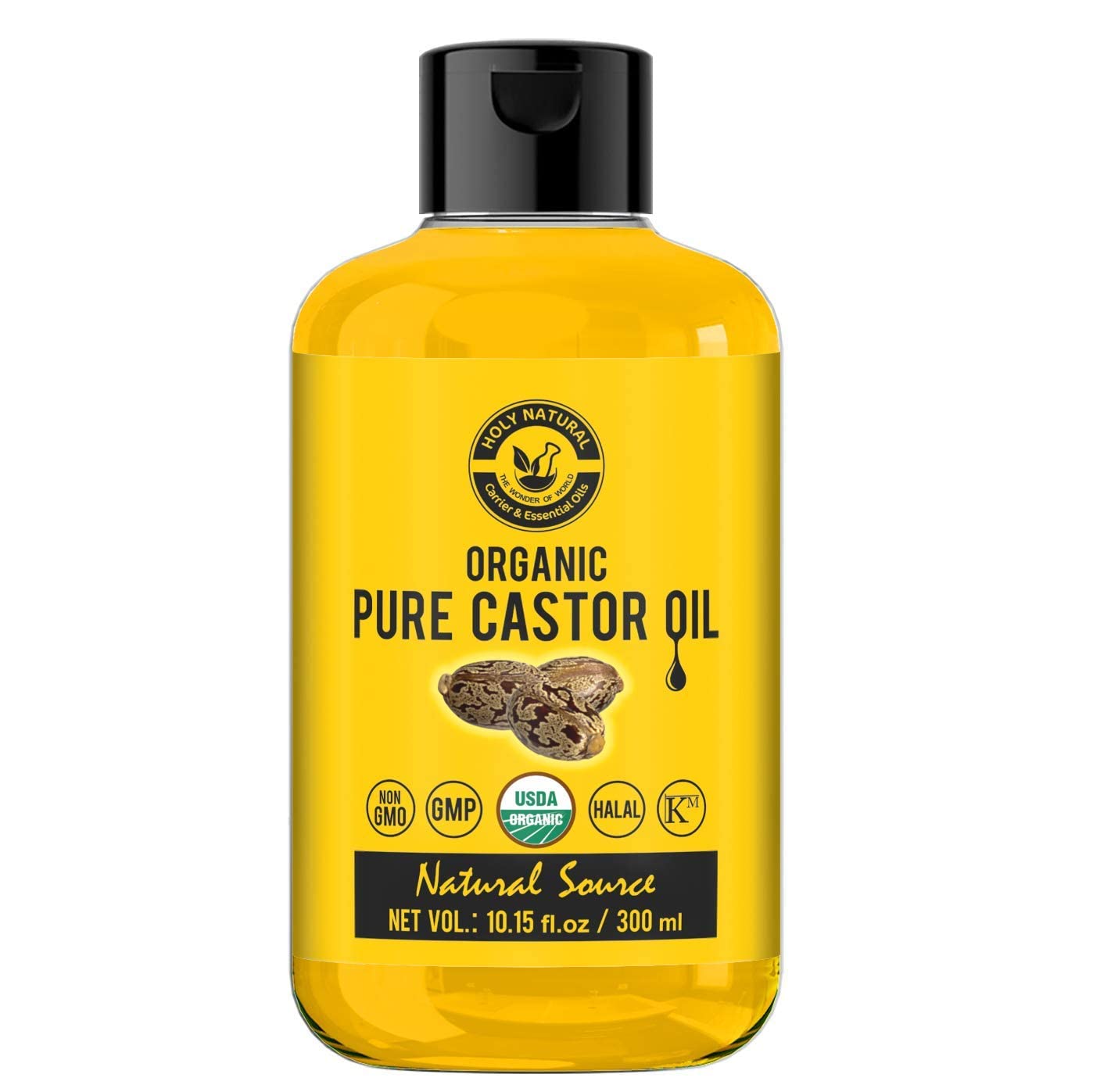 Holy Naturalny organiczny olej rycynowy (300 ml) certyfikat USDA tłoczony na zimno, 100% czysty, bez GMO, bez obróbki cieplnej, olej rycynowy bez heksanu - nawilżający i leczniczy, do suchej skóry, porost włosów
