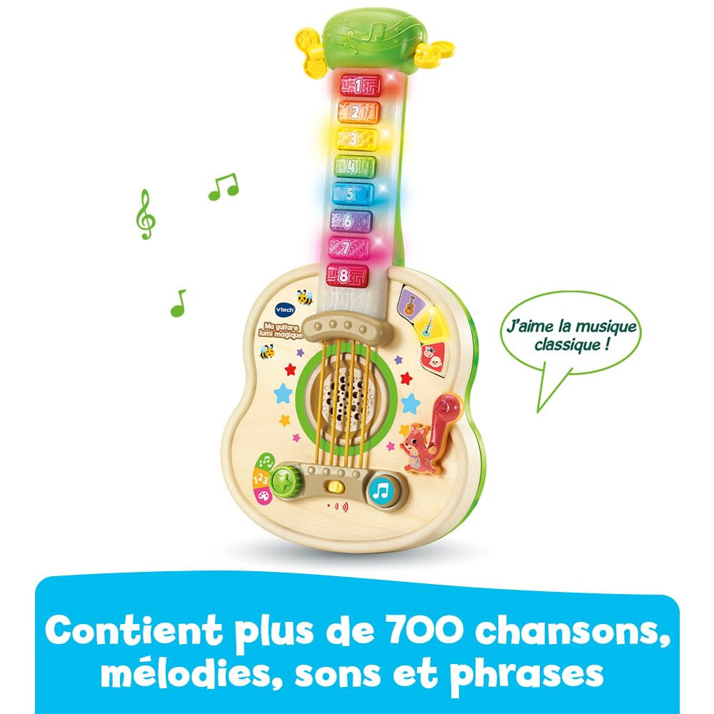 VTech - Ma Guitare Lumi Magique, Instrument de Musique Partiellement en Bois, Guitare Acoustique et Électrique, Jeu d'Éveil Musical et de Motricité Fine, Cadeau Bébé Dès 18 Mois - Contenu en Français