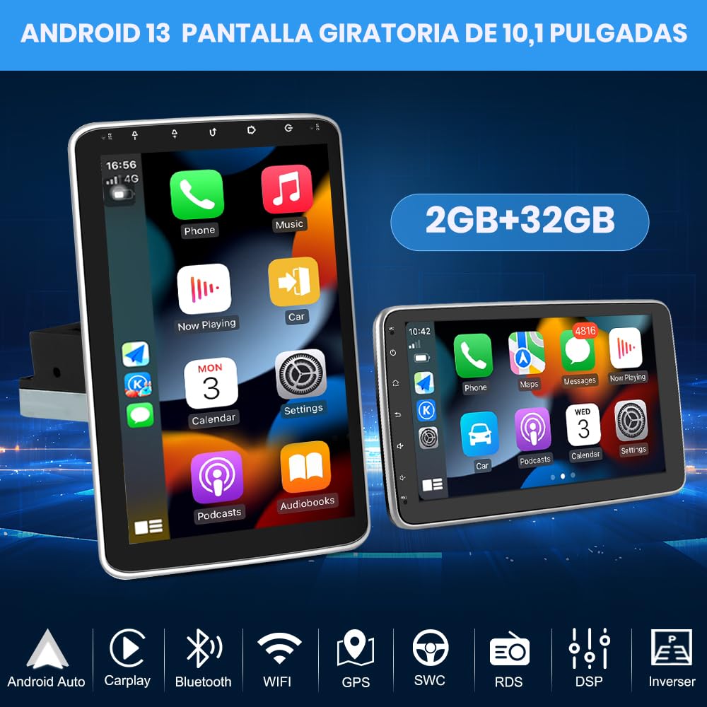 AWESAFE Android 13.0 [2GB+32GB] Radio de Coche 1 DIN Universal con Pantalla Táctil Giratoria de 10.1 Pulgadas, con Carplay/AndroidAuto/Mandos de Volantes/WiFi/GPS/Bluetooth/DSP/RDS/USB/FM/MirrorLink
