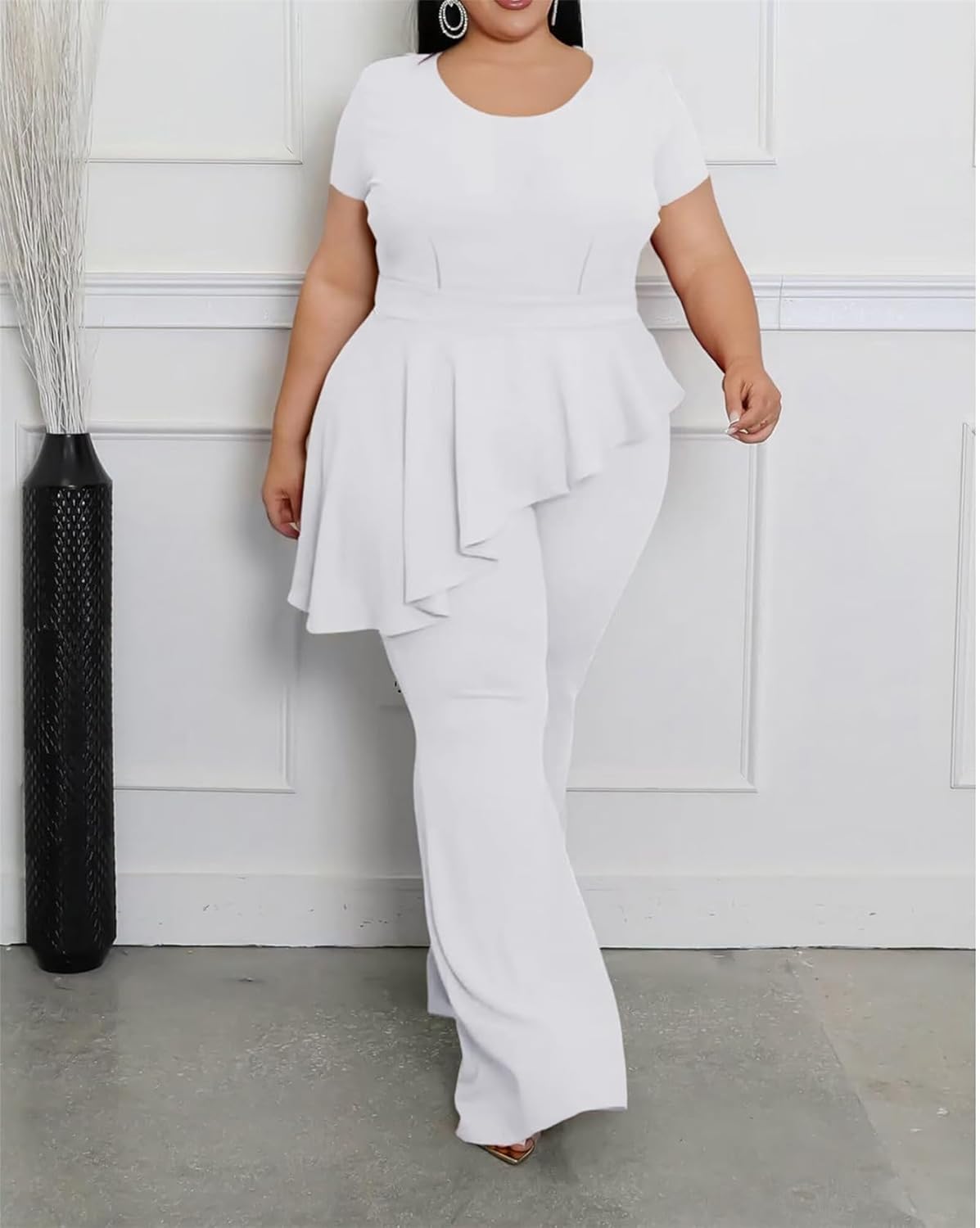 Plus Size 2 Piece Sets for Curvy Women Short Sleeve Pleated Top Wide Leg Pants Sets Pockets Business Pantsuits - Image 4