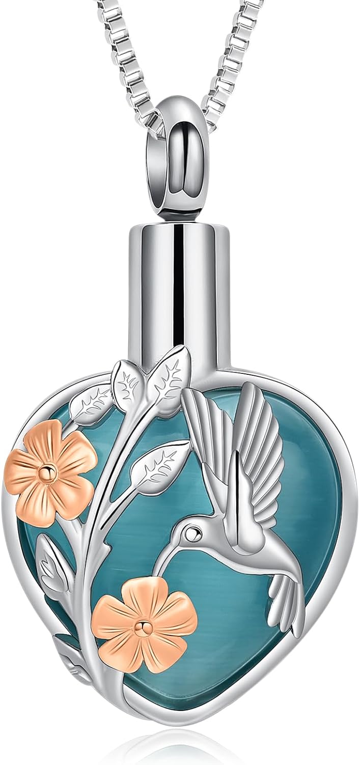 XSMZB Cremation Ashes Jewelry Hhummingbird Flower Urn Necklace for Ashes Human Pet Funeral Memorial Pendant Heart Moonstone Keepsake
