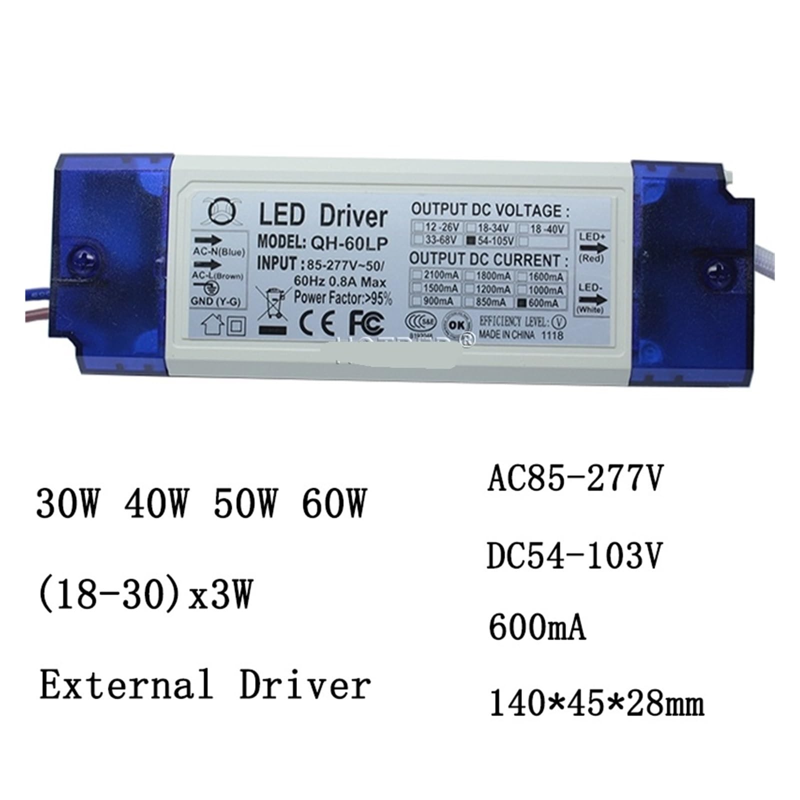 1 pezzo 40W 50W 60W 600mA LED driver corrente costante 18-30x3W DC54-105V proiettore trasformatore di illuminazione