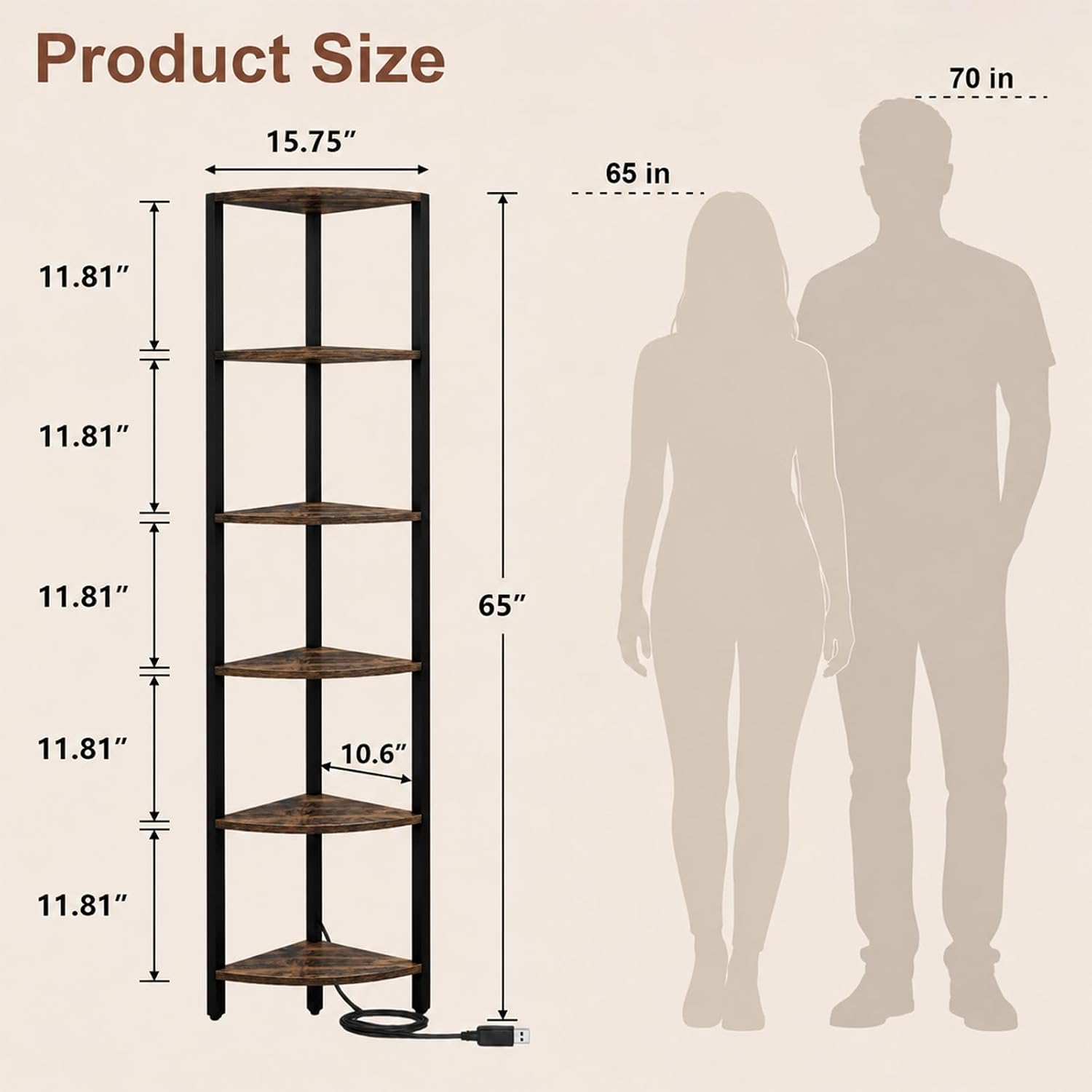 6 Tier Corner Shelf with LED Light, Brown image 2