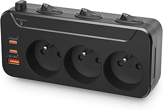 Multiprise Murale avec USB C Charge Rapide,Bloc 3 Prises Françaises avec Terre,Prise Multiples avec Interrupteur Individuel,Prise Electrique Parafoudre,Adaptateur Secteur Triplette de Courant,Noir