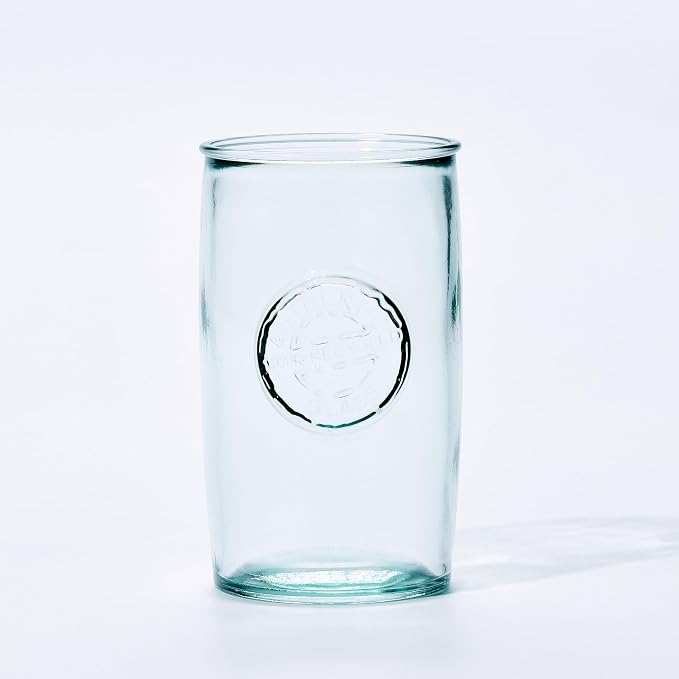 Recycled Glass Drinking Glasses Set of 6, 15oz Highball Glasses, Made Of 100% Recycled Glass, Authentic Embossed Drinking Glasses, Dishwasher-Safe, Lead-Free, Made In Spain.