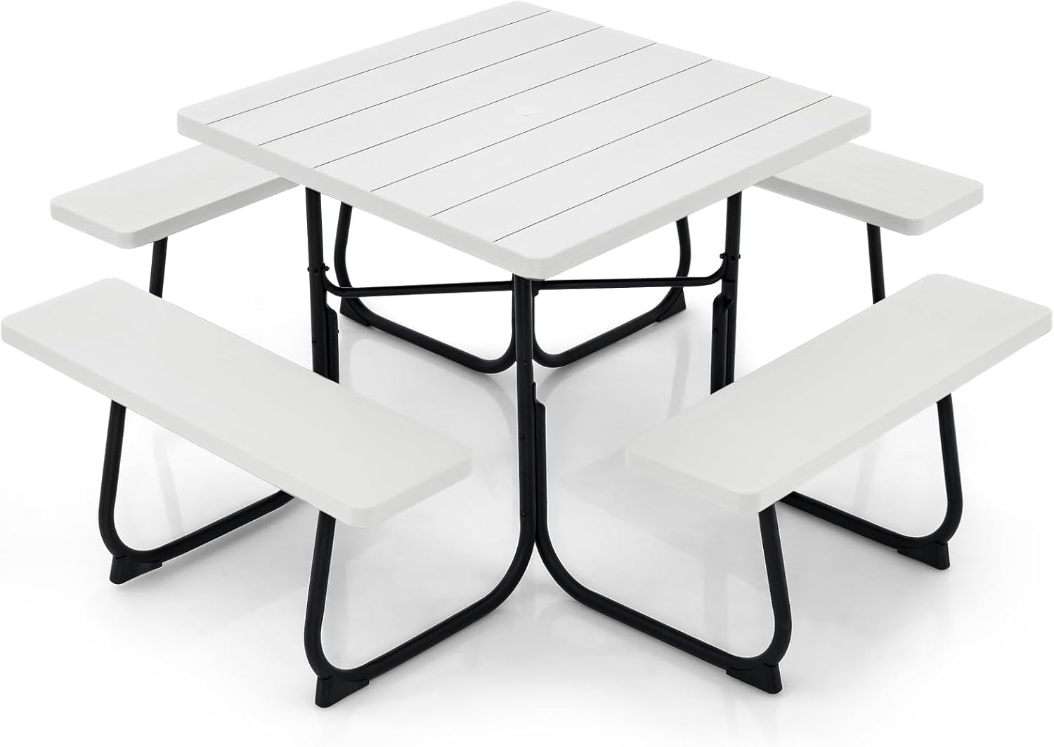 Picnic Table for 8 Person, Square Picnic Tables with 4 Built-in Benches, Umbrella Hole, HDPE Tabletop & Metal Frame, Outdoor Picnic Table for Garden, Backyard (Green)