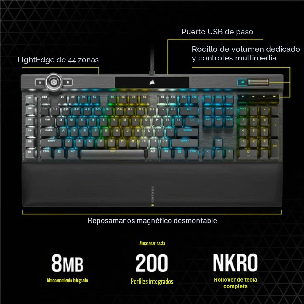 Corsair K100 RGB Teclado para Juegos con Cable Óptico-Mecánico - Interruptores OPX - PBT Double-Shot - Integración Elgato Stream Deck - Compatible con iCUE - PC, Mac, Xbox - QWERTY ES - Negro
