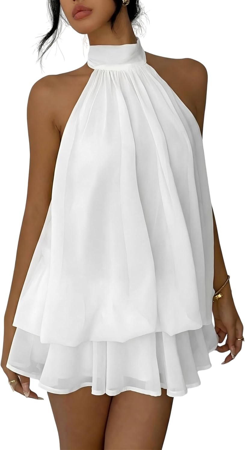 Women's Summer Halter Mini Dress Chiffon Ruffle Flowy Backless Wedding Guest Dresses Y2k Going Out Cocktail Outfits