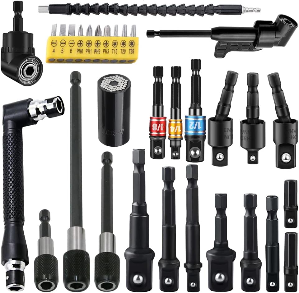 32pcs Flexible Drill Bit Extension Set, Rotatable Joint Socket 1/4” 3/8” 1/2” Hex Adapter Socket