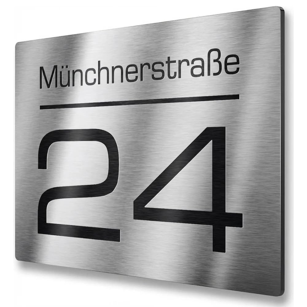 Pixadruck Edelstahl Hausnummer - Hausnummernschild mit Gravur Straßenname, Name und Wunsch-Nummer - V2A Look - UV-beständig (Edelstahl, 160 x 110 mm)