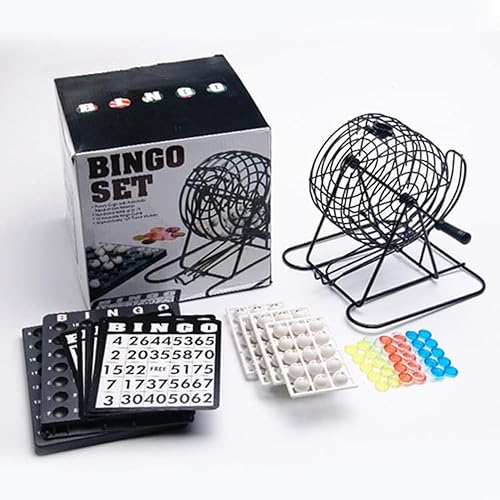 Deluxe Bingo Game Set with Metal Round Cage, Includes 20cm Bingo Wheel Cage, 75 Balls, Master Board, 18 Cards, and 150 Bingo Markers, Metal Board Accessories for Party, Complete Family Game