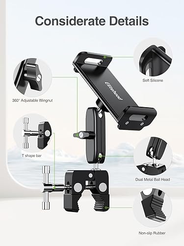 Miniatura 7 de elitehood Soporte de aluminio para tableta de doble cabeza de bola para soporte de micrófono, soporte de micrófono ajustable para iPad, soporte de