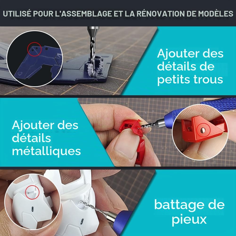 stedi Perceuse manuelle à broche pour modélisme, outils de bricolage, perceuse manuelle à double roulement ultra précise pour Gundam, modèle militaire miniature, pièces en résine 3D, bleu