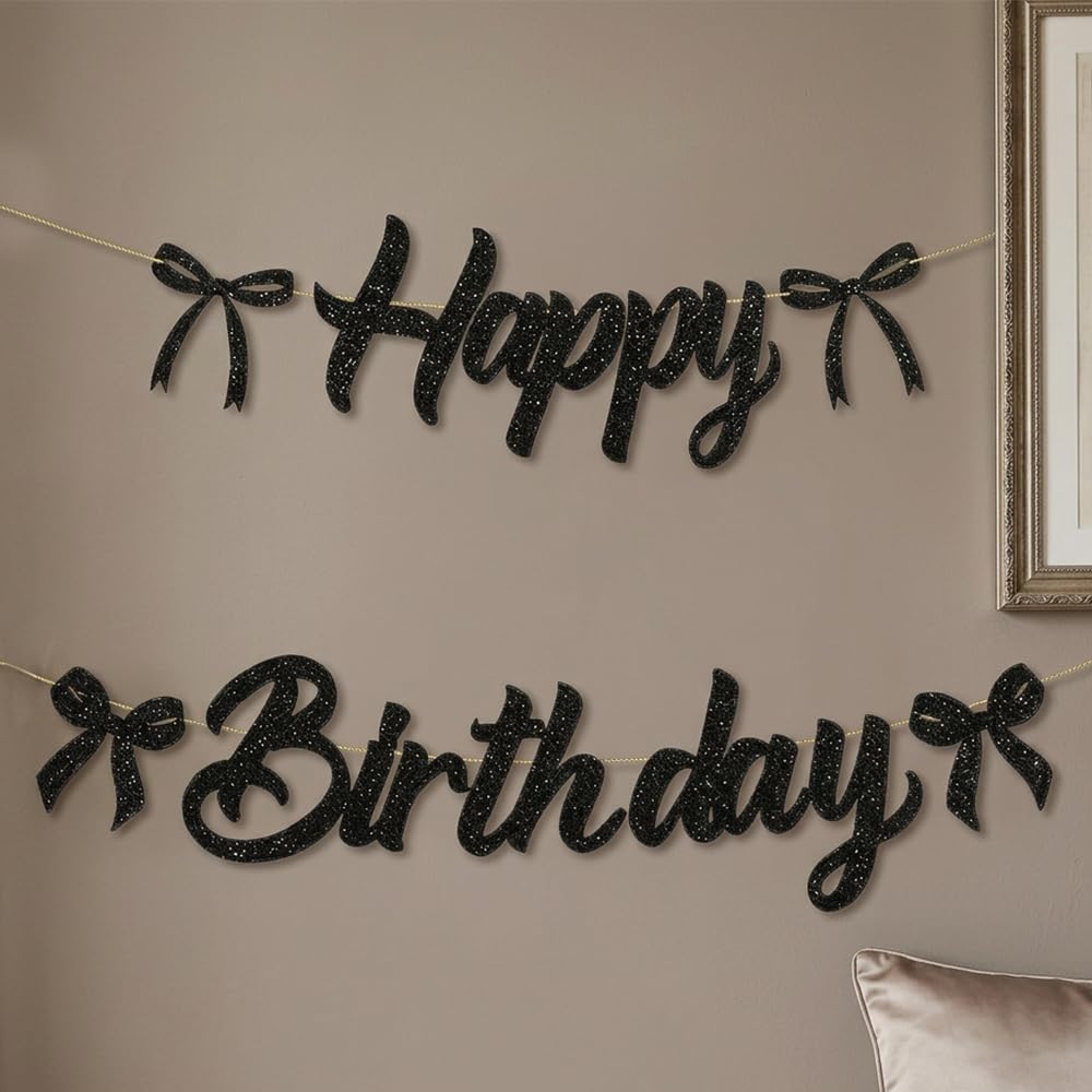 Black Bow Birthday Banner - Glitter Paper Party Decoration for Adults - Easy Setup Happy Birthday Sign for Home & Party Decor
