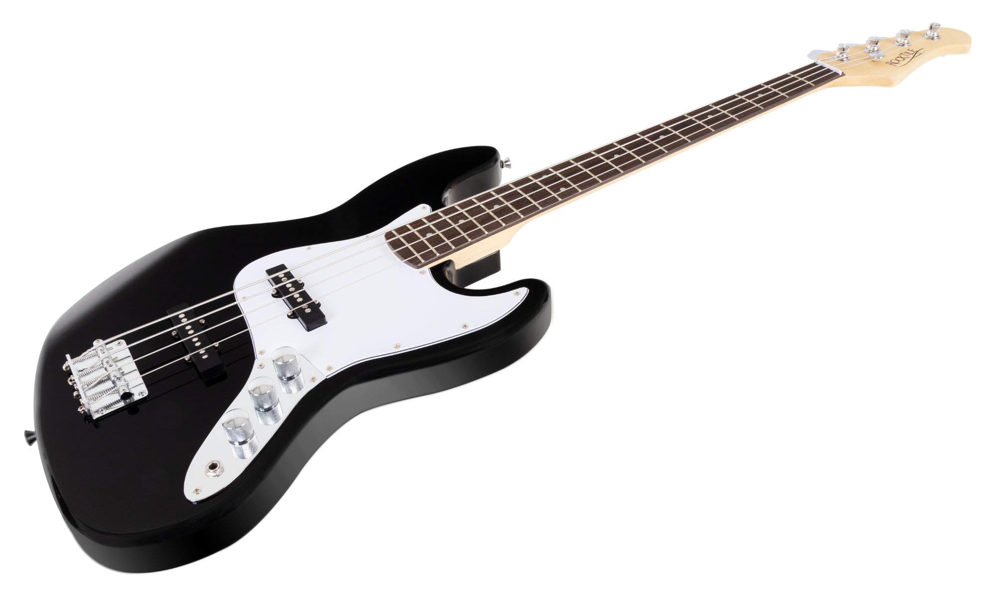 Rocktile Fatboy II BK E-Bass Black, Jazz-Style E-Bass, 2 Single Coil Pickup | 2 manopole volume/1 tono, Corpo: Tiglio, Manico: Acero (non trattato), Tastiera: Palissandro, Hardware cromato, 21 tasti