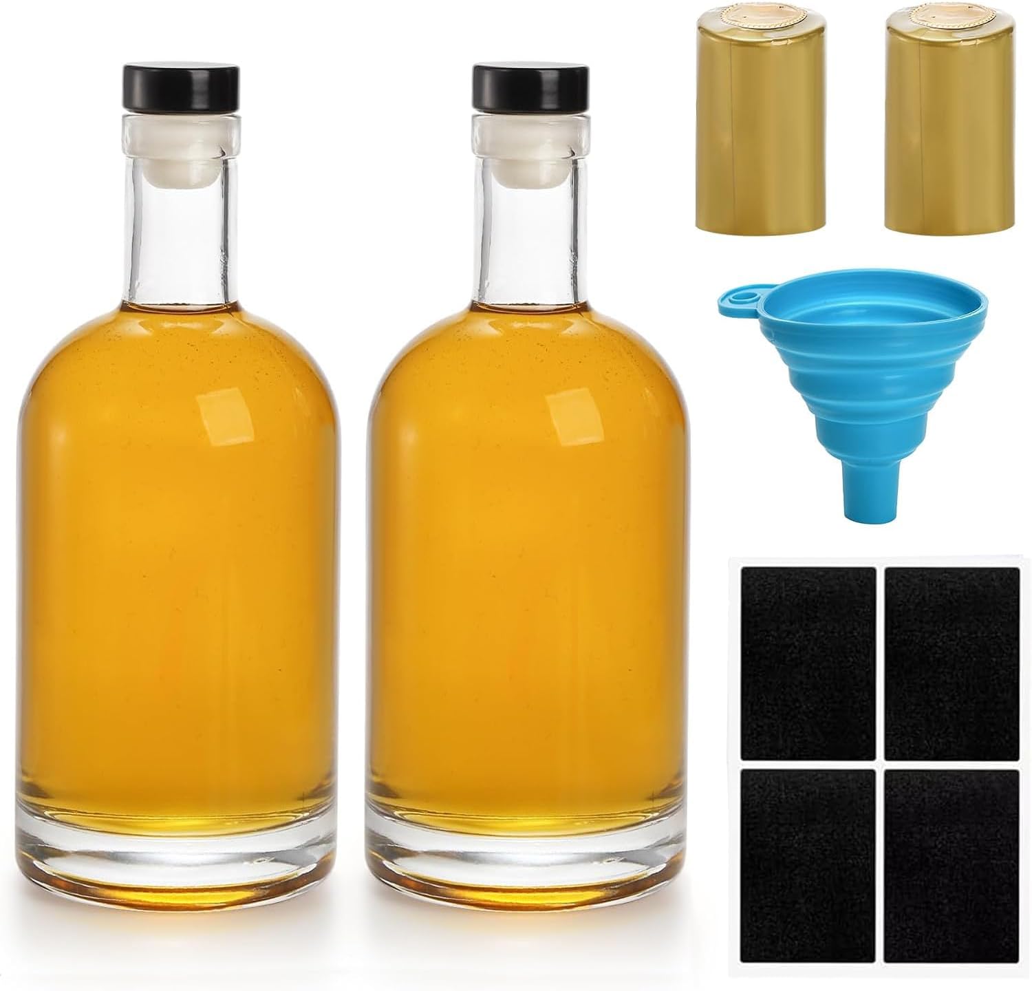 Hacaroa 2 Pack 750ml (25oz) Heavy Base Glass Liquor Bottles with Black T-Top Cap, Airtight Seal for Vodka, Whiskey, Homebrewing, Infused Spirits, Craft Cocktails, Syrups