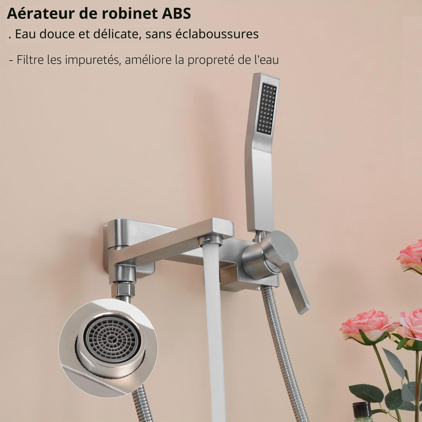 PHASAT Robinet de Baignoire avec Douchette, Mitigeur Baignoire avec Bec Rotatif à 90°, Nickel brossé PTBL17E