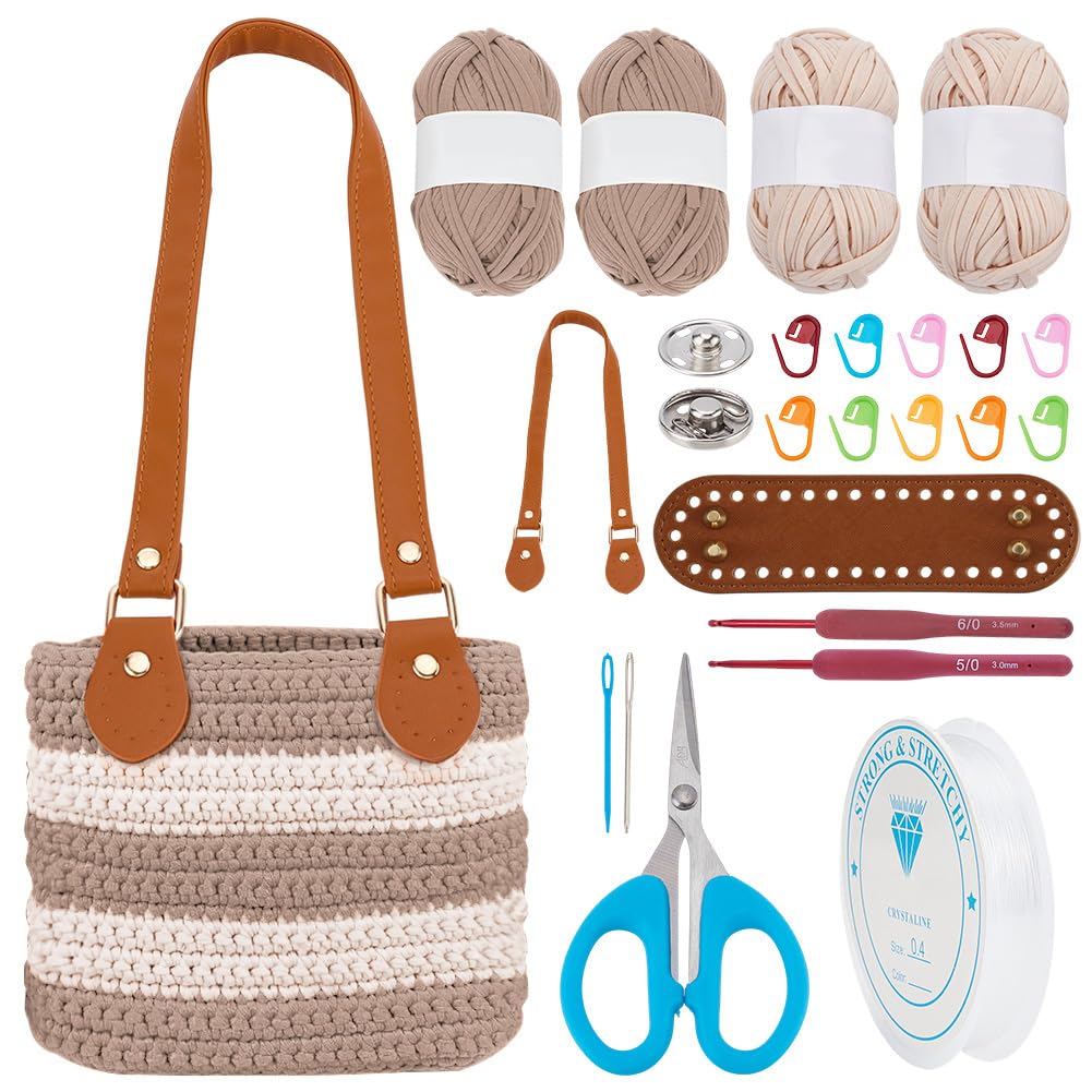 ORIGACH DIY Häkel-Handtaschen-Set für Anfänger, gestreifte Häkel-Tragetasche mit PU-Lederband und -boden, inklusive Garn, Häkelnadeln, Markern und englischer Anleitung, Farbe Milchtee