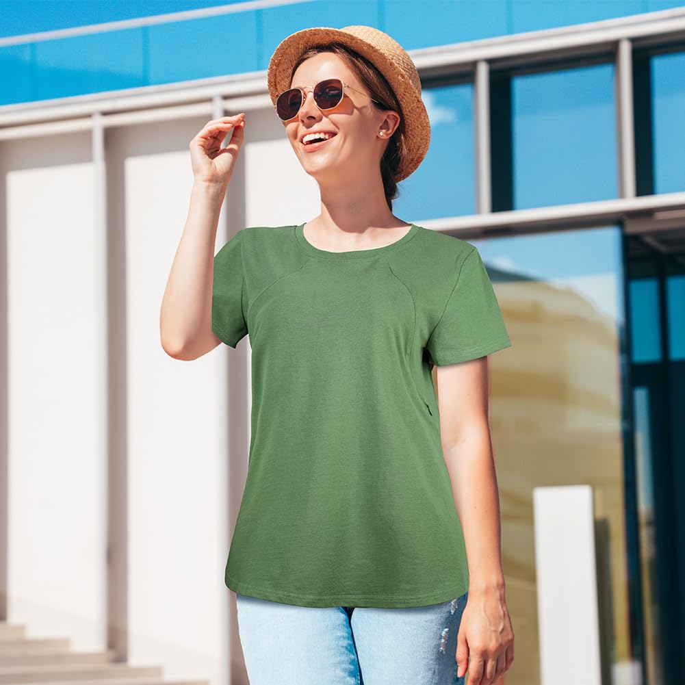 Aolso Camiseta de Maternidad para Mujer, Tops de Verano Superior de Nusring para Amamantar, Manga Corta, Cremallera Oculta, Algodón de Maternidad, Verde-XXL