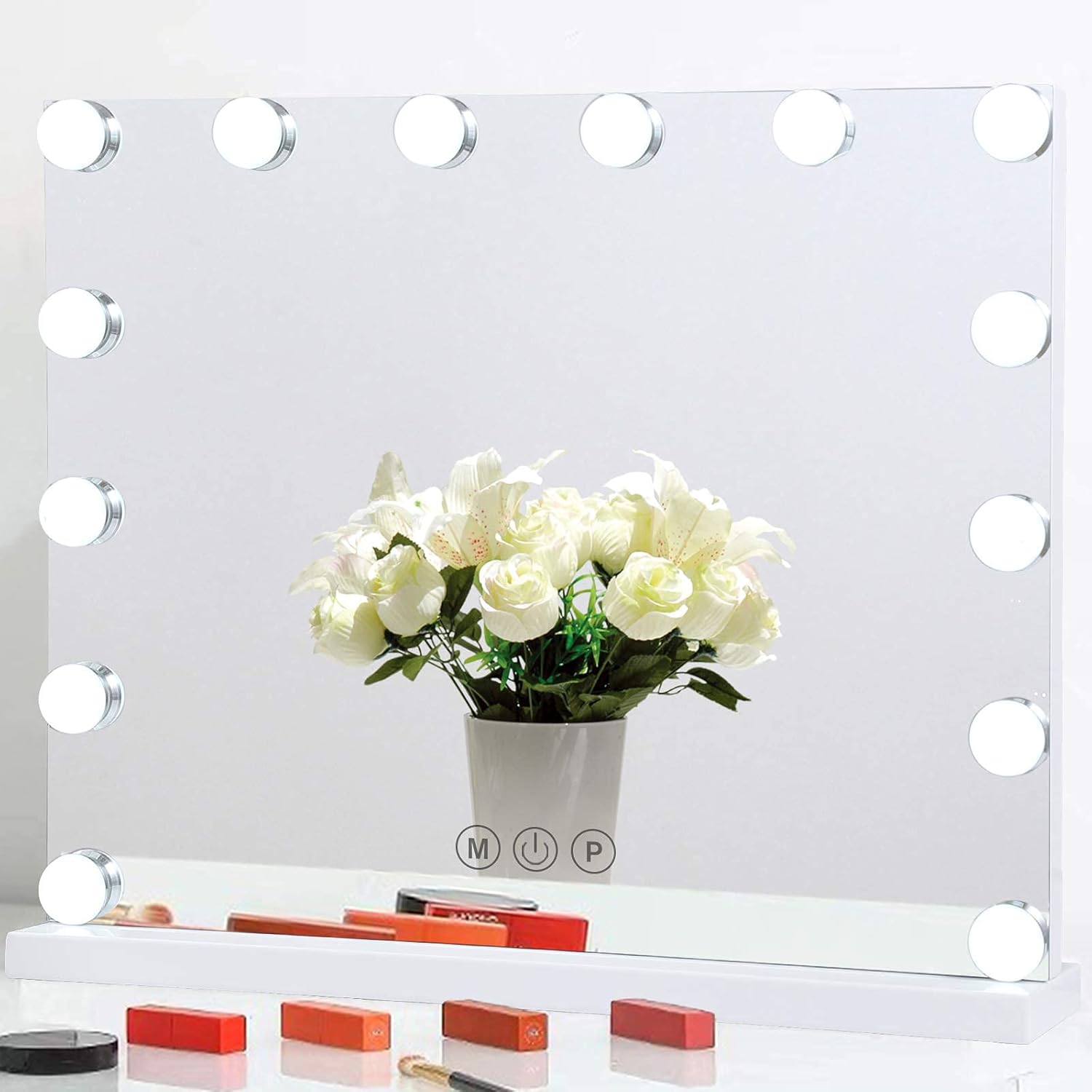 BWLLNI Vanity Mirror with Lights, Large Hollywood Lighted Makeup Mirror 14 Dimmable LED Bulbs, Tabletop Mirror for Dressing Room & Bedroom, Smart Touch Control 3 Color Lighting Modes(White)