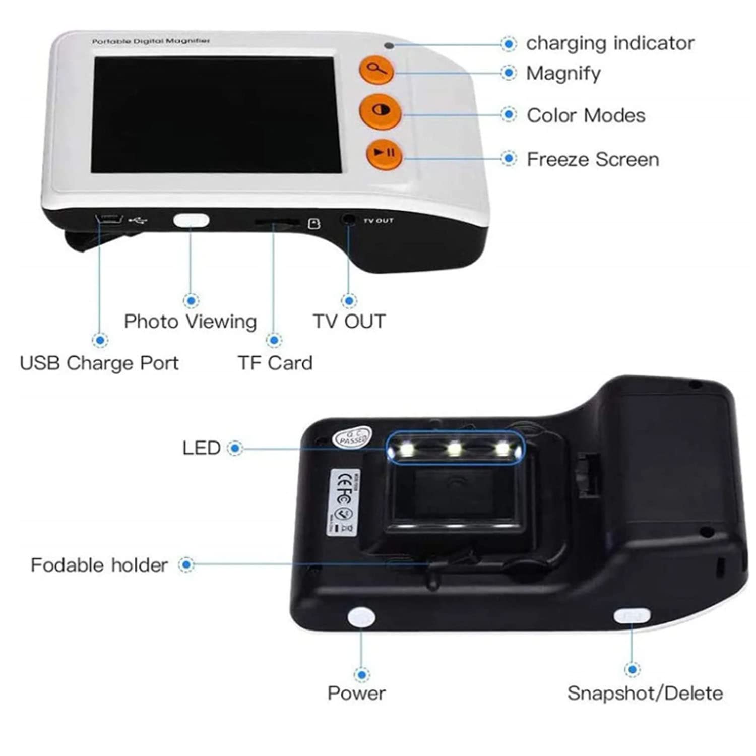Lupa Digital, Lupa de Ayuda de Lectura Electrónica Portátil de Mano de 3.5", Enfoque Automático, Aumento 2X-25X, 8 Modos de Color, Lupa de Lectura para Letras Pequeñas Y Baja Visión,White