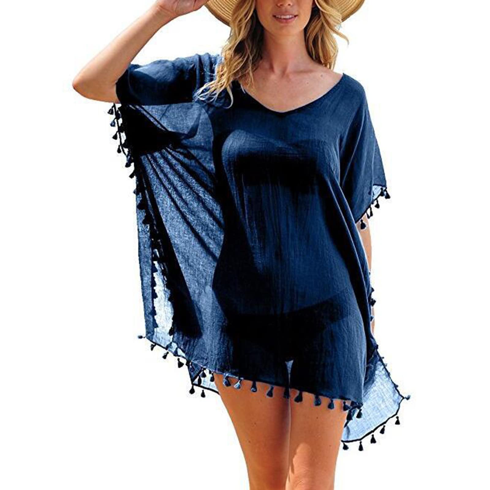 riou Vestido de Playa Mujer 2023 Pareos Playa de Tunica Cuello en V Casual Mini Vestido Bohemia Boho Suelto Verano Traje de Baño Bañador Cover up Elegante Ropa de Playa Bikini Cubierta