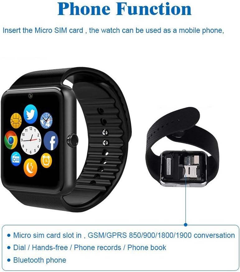 Beaulyn GT08 Bluetooth Smart Watch for Android Phones，Smart Watch with SIM Card Slot,Call,Massage,for iOS iPhone and Android Phones Samsung ZTE Sony LG Smartphones, Sweatproof (Black)