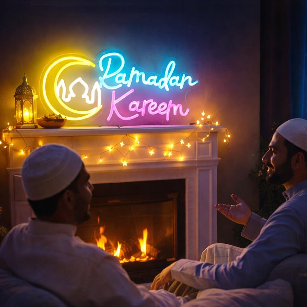 Ramadan Decorations for Home, Ramadan Lights LED Neon Sign, Islamic Wall Decor Hanging Acrylic Light Up Moon Star, Ramadan Kareem Wall Art for Room Door Window Eid Party Supplies Gift