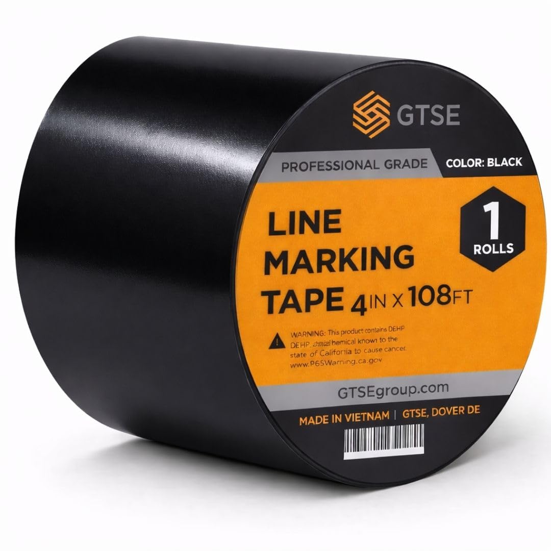 GTSE 4 inch x 108 ft Black PVC Vinyl Floor Tape, Safety Marking Tape, 6 mil Thick, Suitable for Dance Floors, Gyms, Warehouses, Sports Facilities